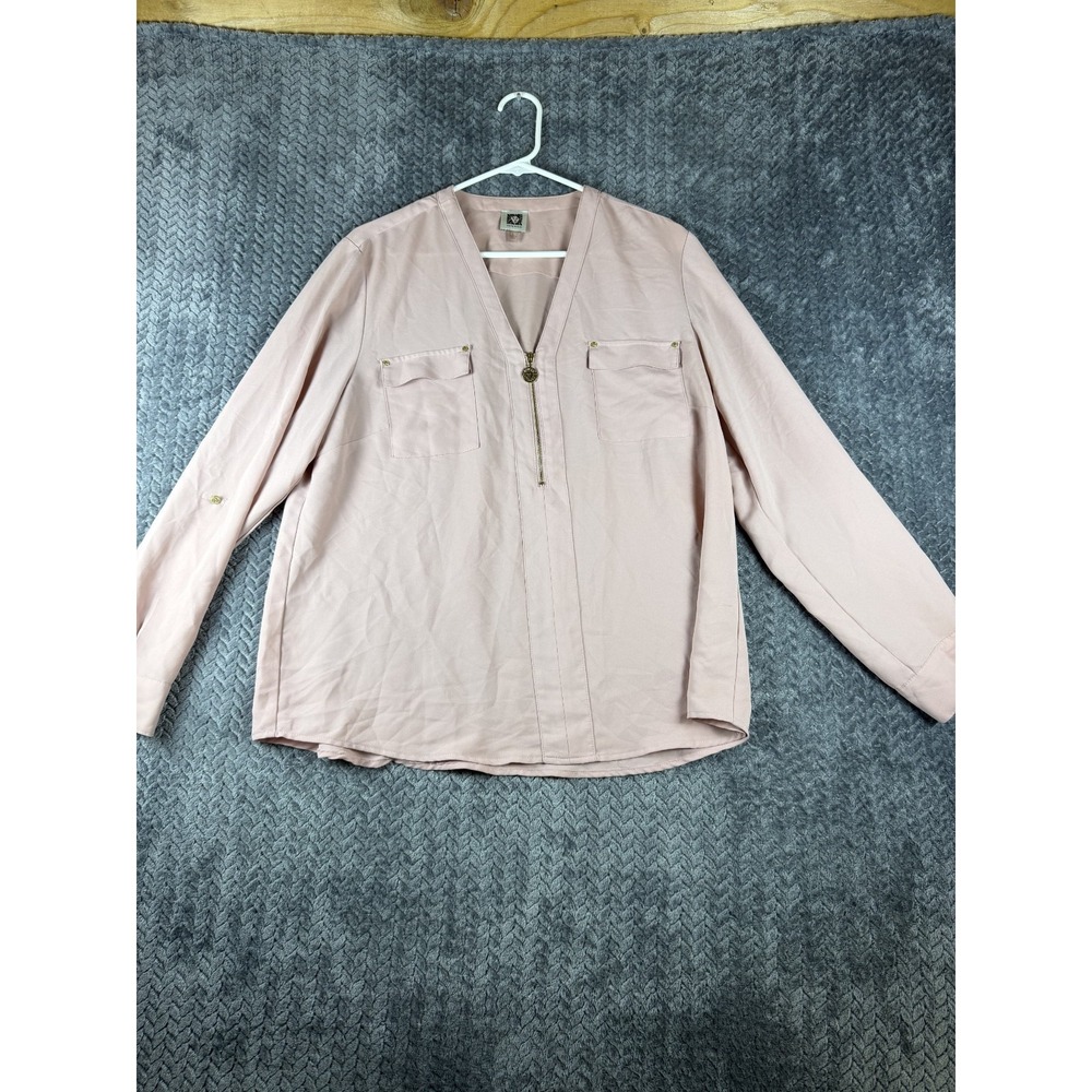 Anne Klein Blouse Top Womens Large Pink Pockets Roll Tab Sleeve Front Zip V Neck